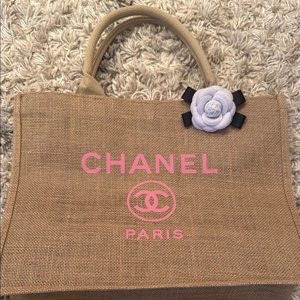 Chanel Tan Tote Bag with Pink Logo